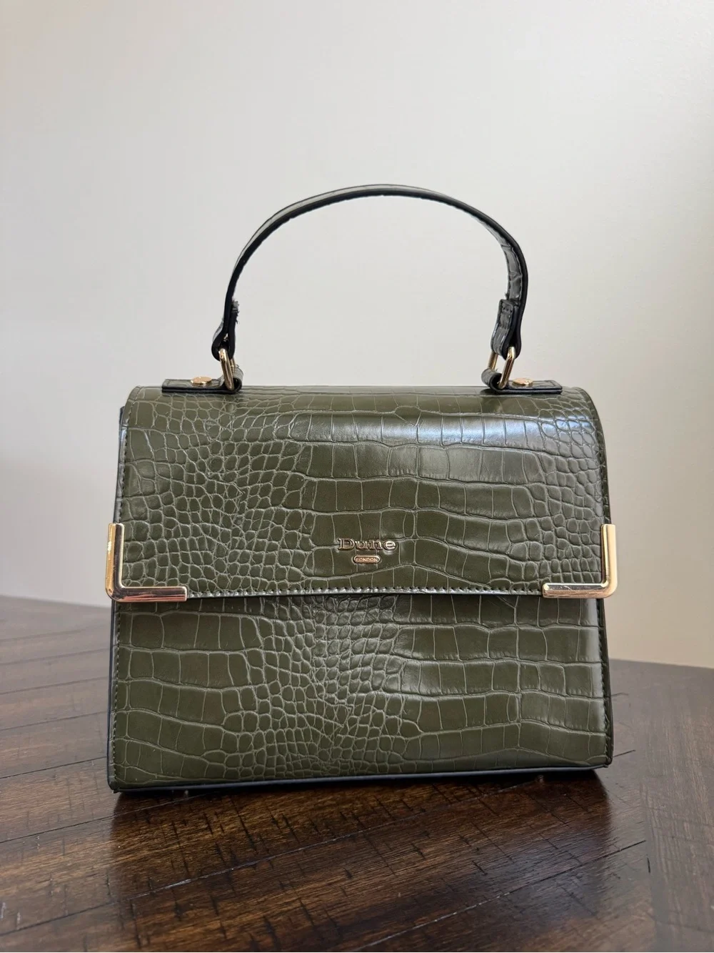 Dune London Olive Croc-Embossed Top Handle Satchel with Gold Accents